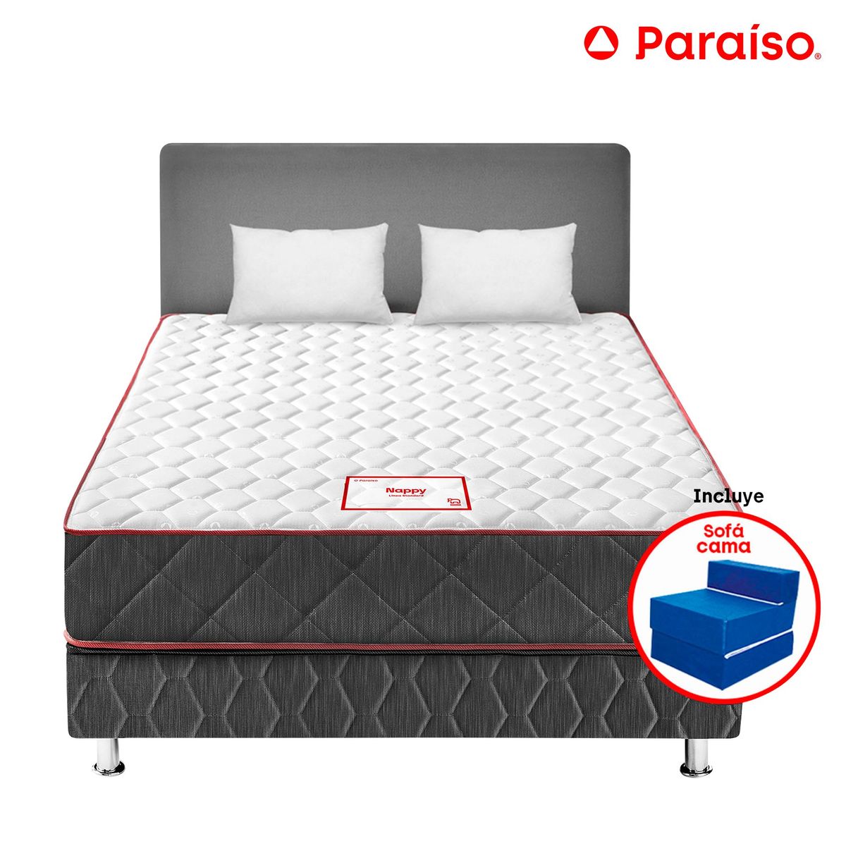 PARAISO - Dormitorio Paraíso Nappy 2 plazas + Colchón + 2 Almohadas + Protector + Sofá Cama