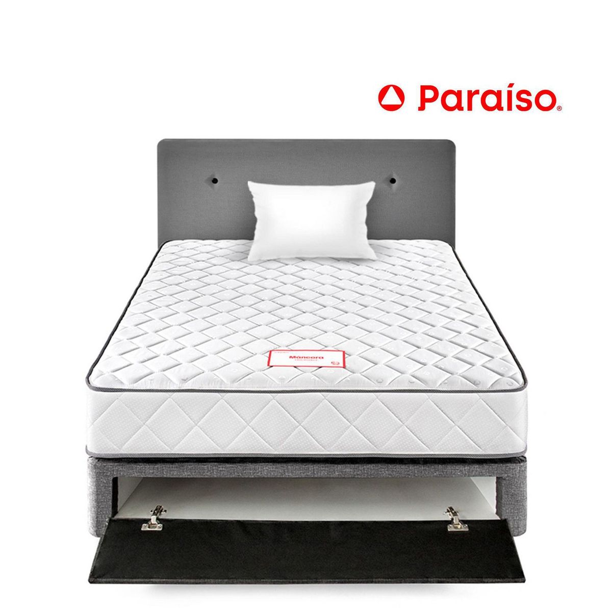 PARAISO - Dormitorio Paraíso Máncora 1.5 Plazas Plomo + Colchón + Almohada + Protector