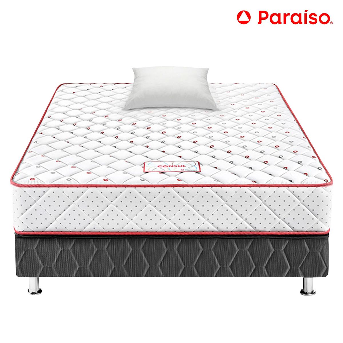 PARAISO - Cama Paraíso Consul 1.5 Plazas Gris + Colchón + Almohada + Protector