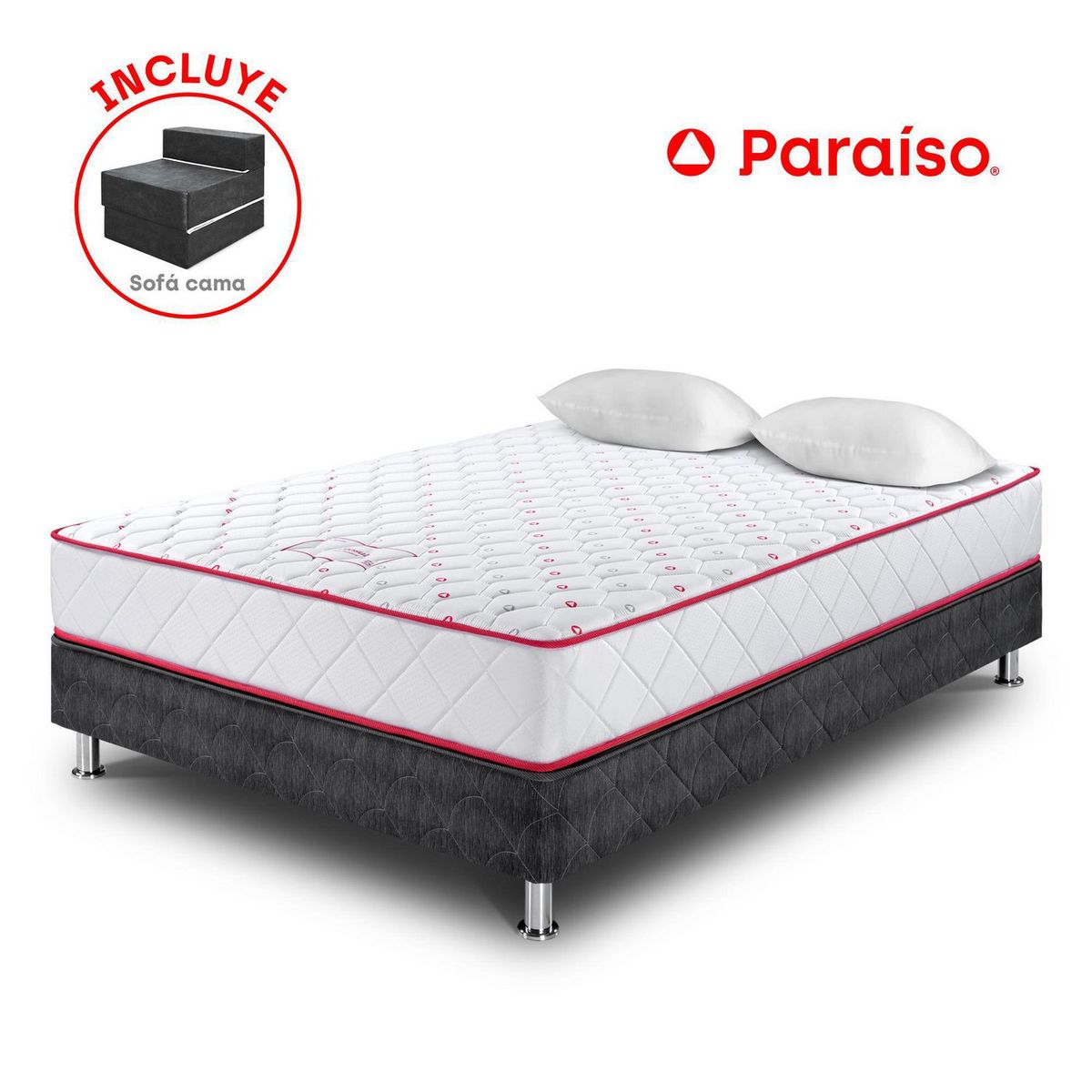 PARAISO - Cama Paraíso Consul 2 Plazas Gris + Colchón + 2 Almohadas + Protector + Sofá Cama