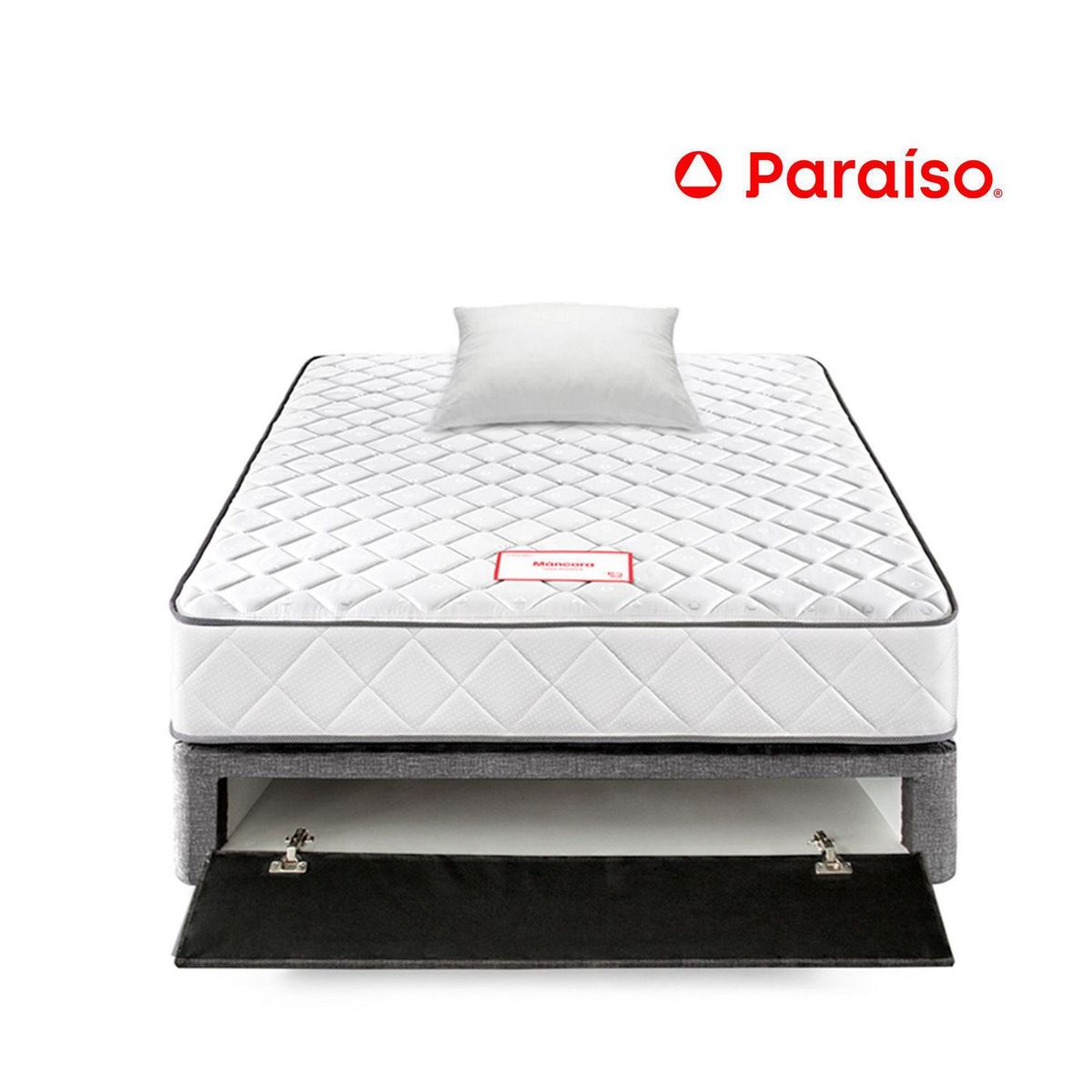 PARAISO - Cama Paraíso Máncora 1.5 Plazas Gris + Colchón + Almohada + Protector