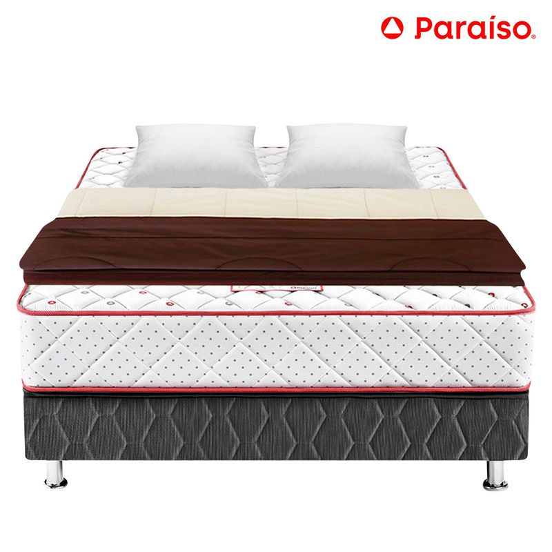PARAISO - Cama Paraíso Consul 2 plazas + Colchón + Edredón Marrón / Beige + 2 Almohadas + Protector