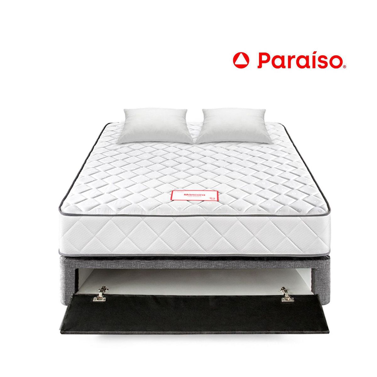 PARAISO - Cama Paraíso Máncora 2 Plazas Gris + Colchón + 2 Almohadas + Protector