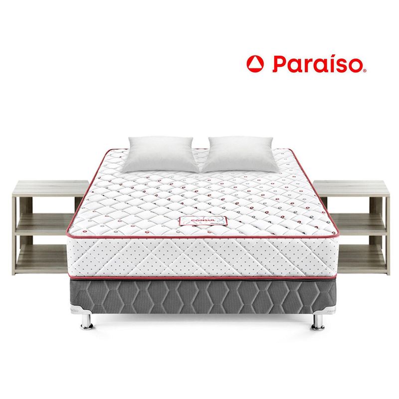 PARAISO - Cama Paraíso Consul 2 Plazas + Colchón + Mesas de Noche Madera Clara + 2 Almohadas + Protector