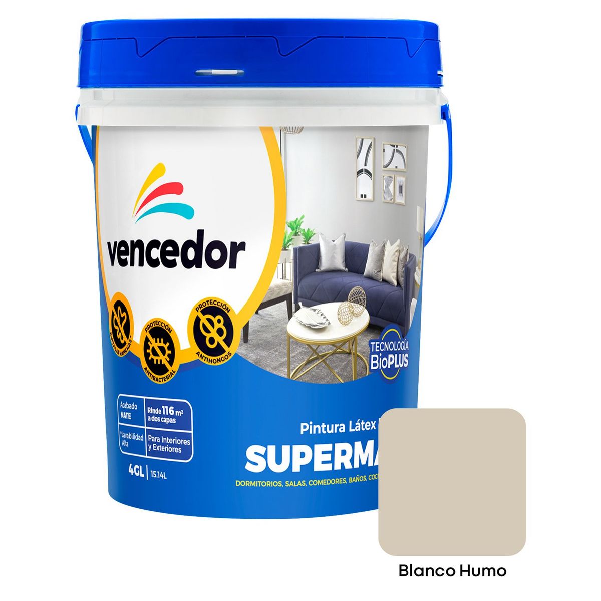 SUPERMATE - Pintura Super Antibacterial Blanco Humo 4GL