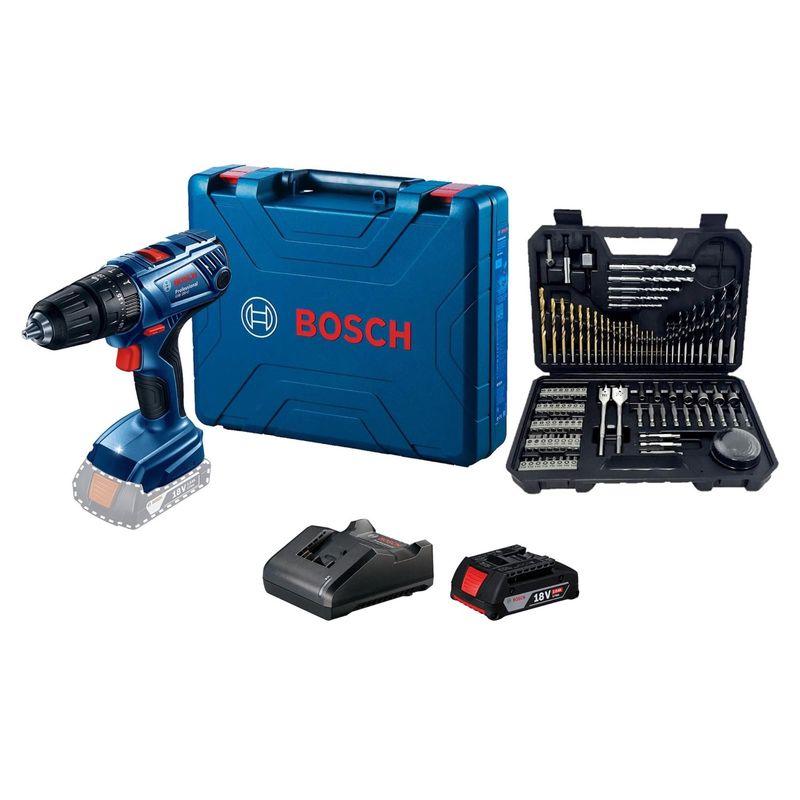 BOSCH - Taladro de Percusión  Bosch 13mm 18V + Kit (Carg + Bat) + Set 103Pz + Maletín