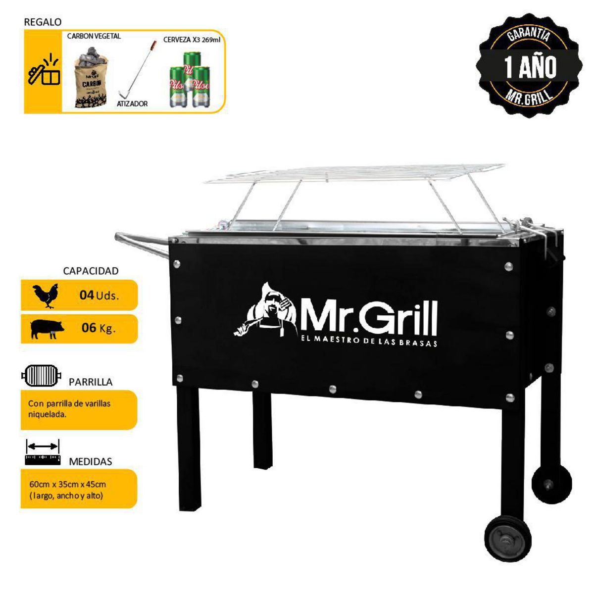 MR GRILL - Caja China Madera Pino/Planchas De Acero Inoxidable Mr Grill 55X33 Cm