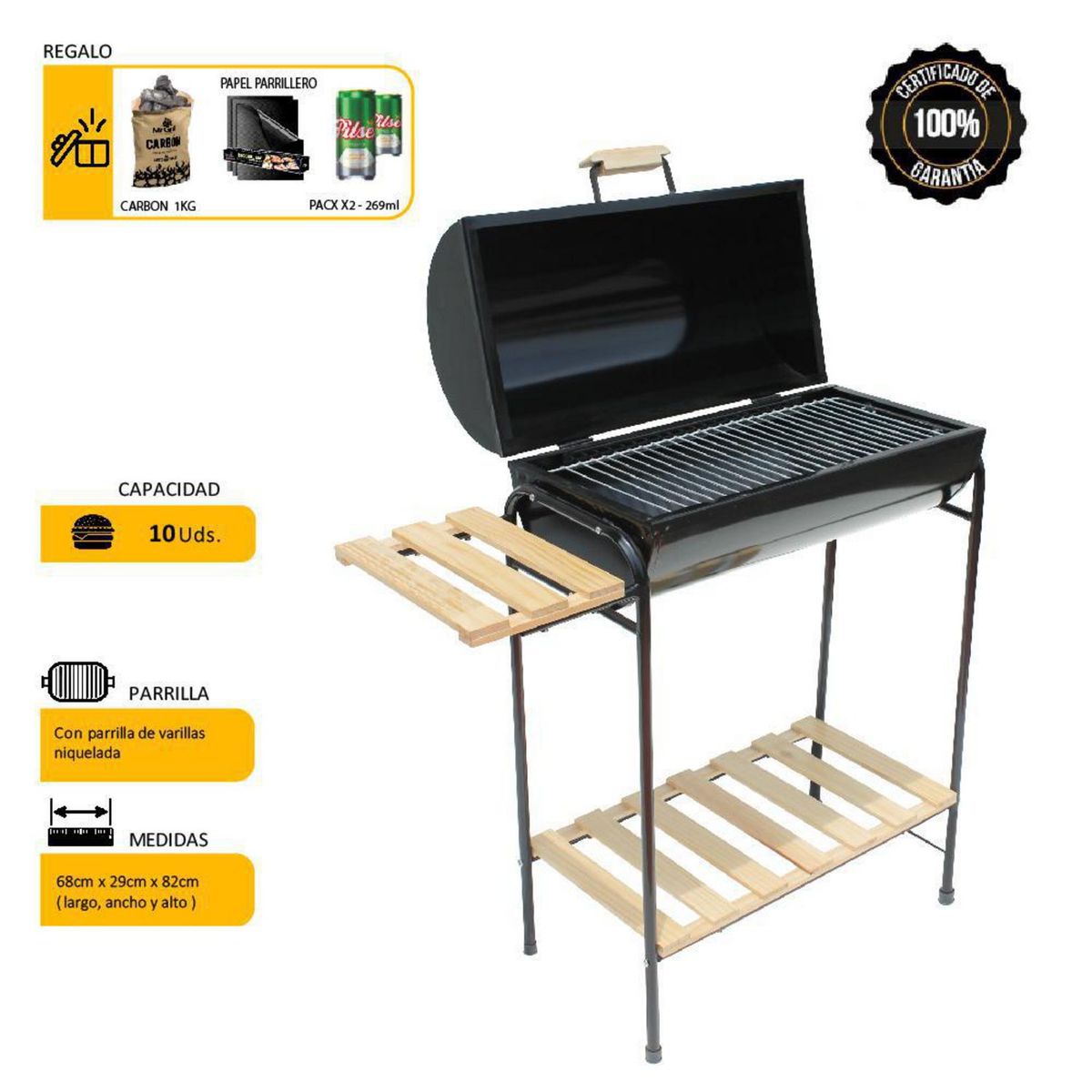 MR GRILL - Parrilla Cilíndrica Mr Grill 29x78x30 cm con Tapa Chica + 2 cervezas + Carbón + Papel Parrillero