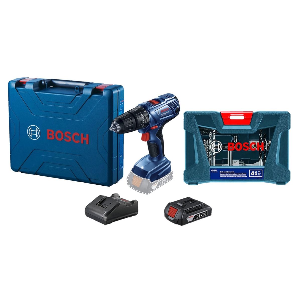 BOSCH - Taladro Percutor Inalámbrico Bosch 1/2" 18V + 1 Cargador + 1 Batería + Set de 41 Accesorios + Maletín Bosch