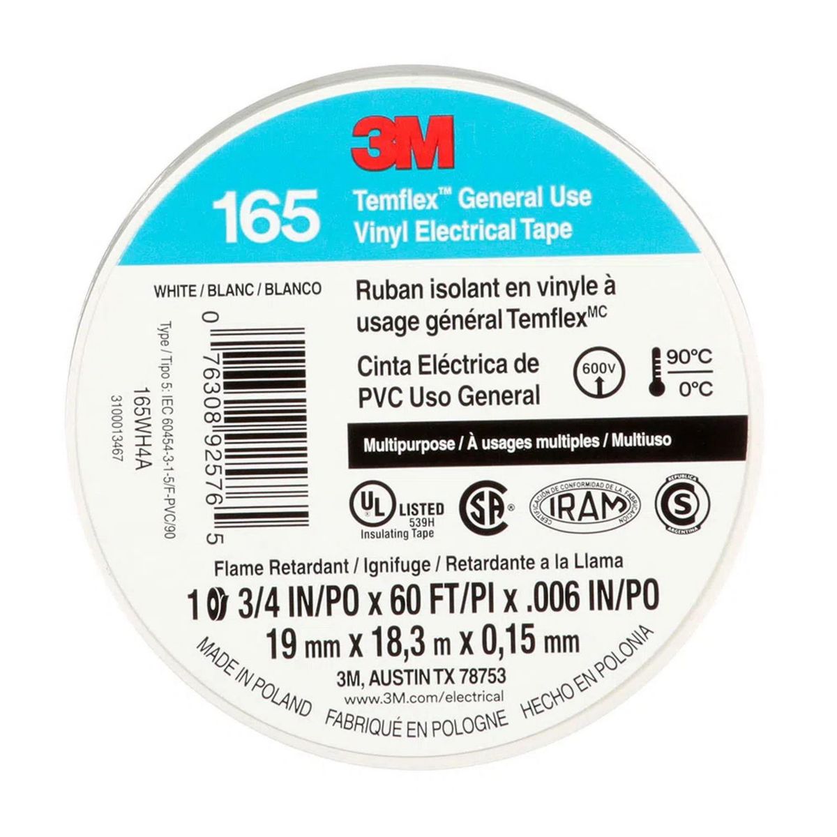 3M - Cinta Aislante Temflex165 19mm 18 Metros Blanco
