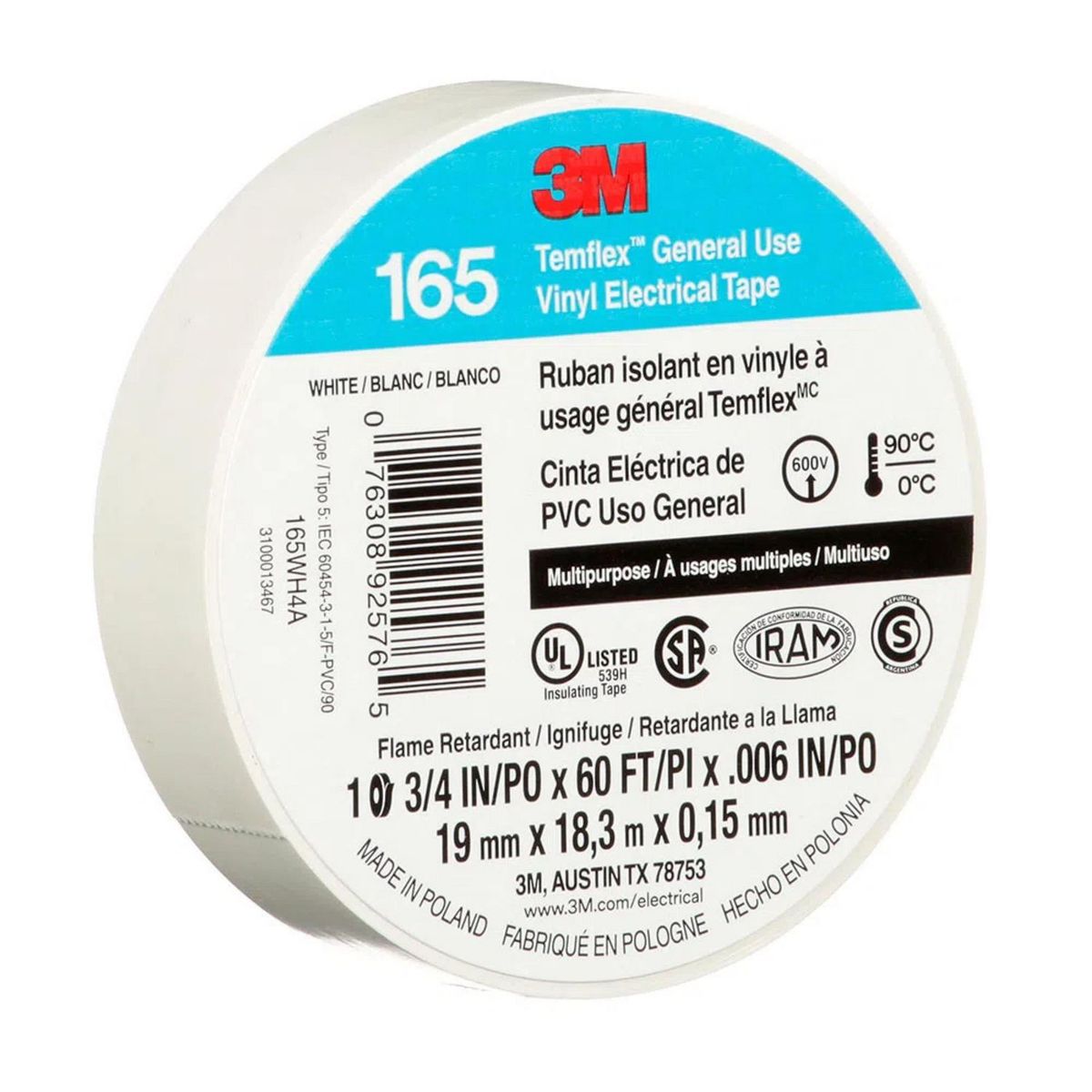 3M - Cinta Aislante Temflex165 19mm 18 Metros Blanco