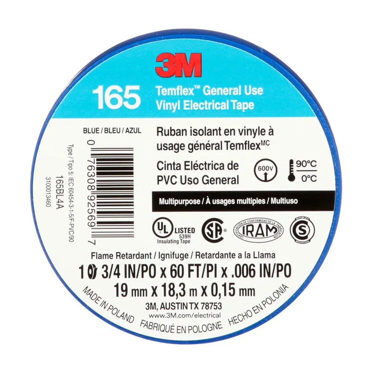 3M - Cinta Aislante Temflex165 19mm 18 Metros Azul