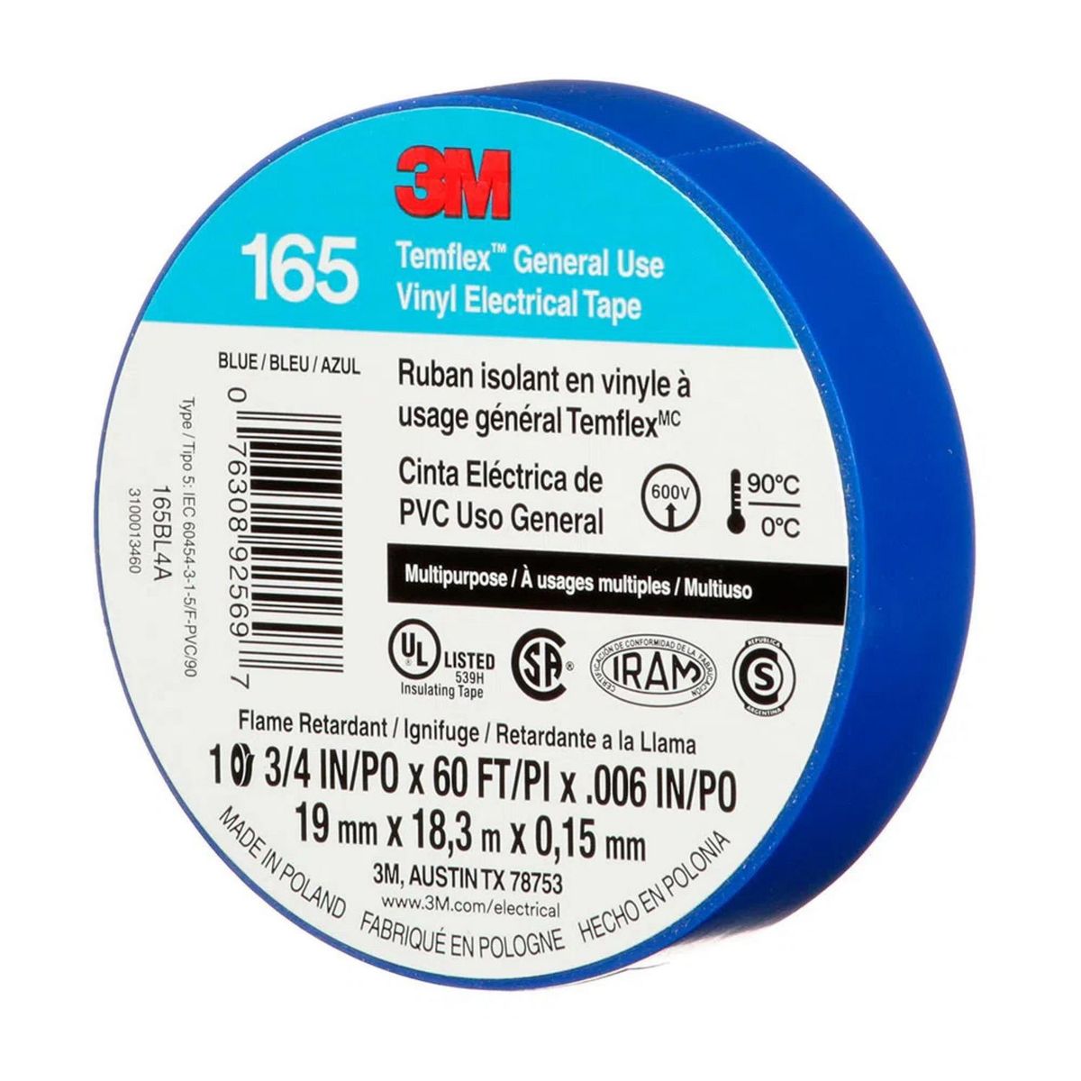 3M - Cinta Aislante Temflex165 19mm 18 Metros Azul