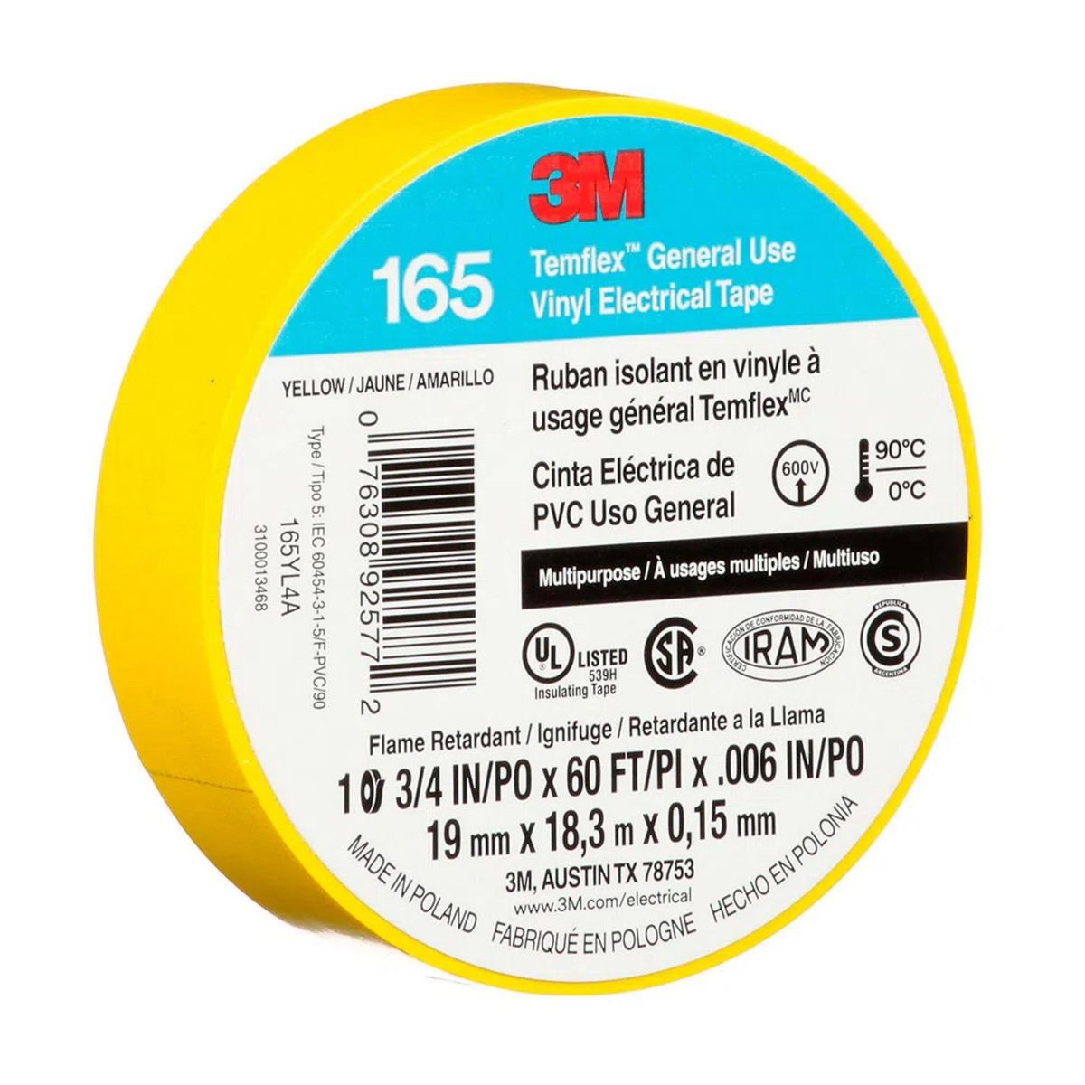 3M - Cinta Aislante Temflex165 19mm 18 Metros Amarillo