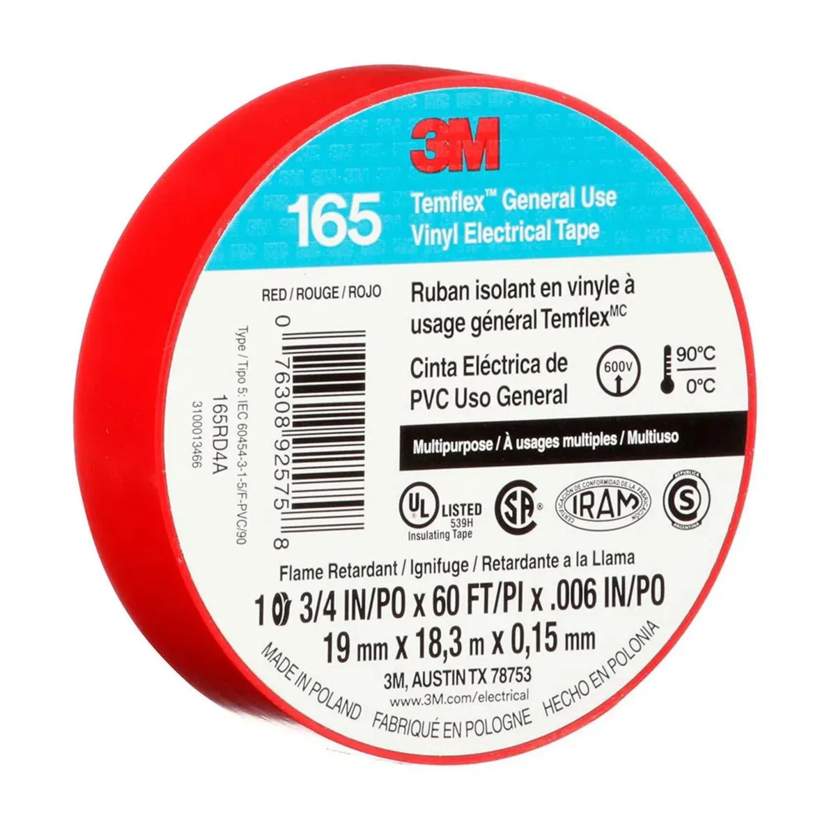 3M - Cinta Aislante Temflex165 19mm 18 Metros Rojo