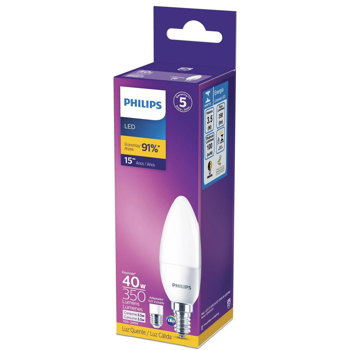 PHILIPS - Foco LED Vela 3.5W E14 E27 Luz Cálida
