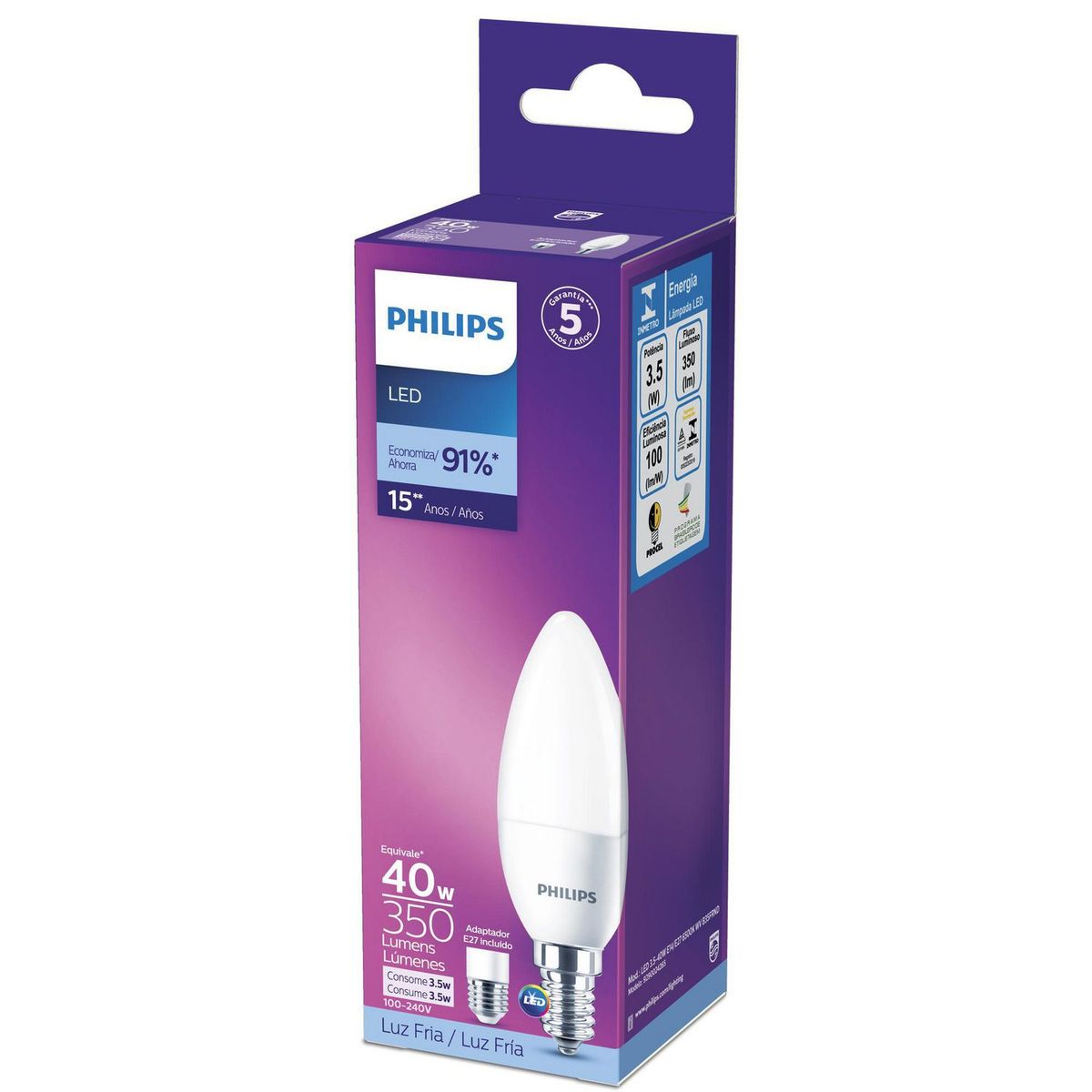 PHILIPS - Fodo LED Vela 3.5W E14 E27 Luz Fría
