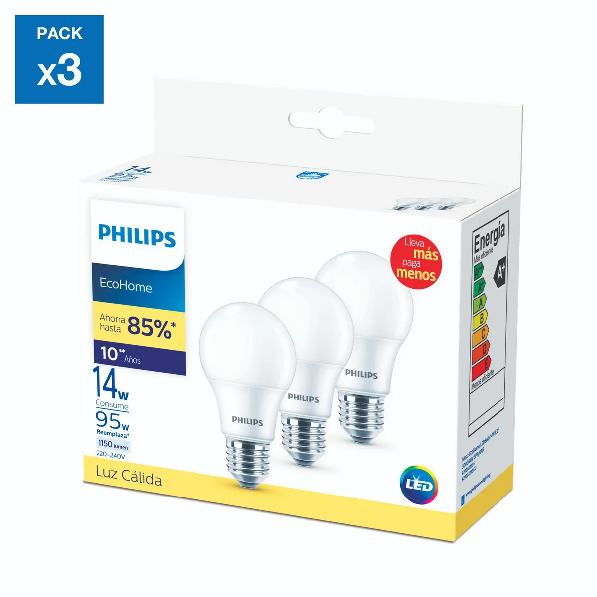 PHILIPS - Pack x3 Focos LED Ecohome LedBulb 14W Luz Cálida