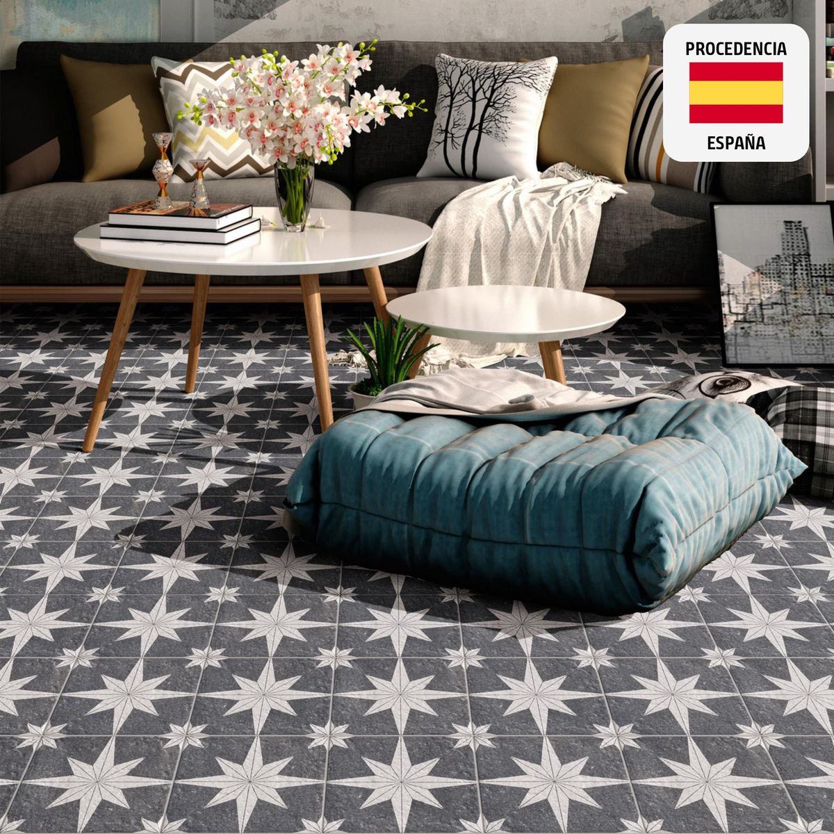 MAINZU - Cerámico Compass Lava Decorado Blanco/Negro 20x20cm para piso y pared