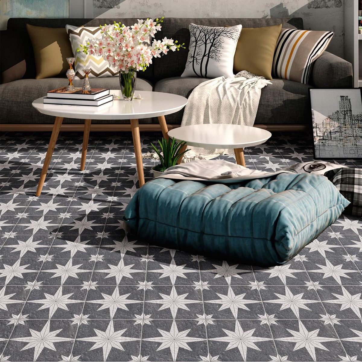 MAINZU - Cerámico Compass Lava Decorado Blanco/Negro 20x20cm para piso y pared