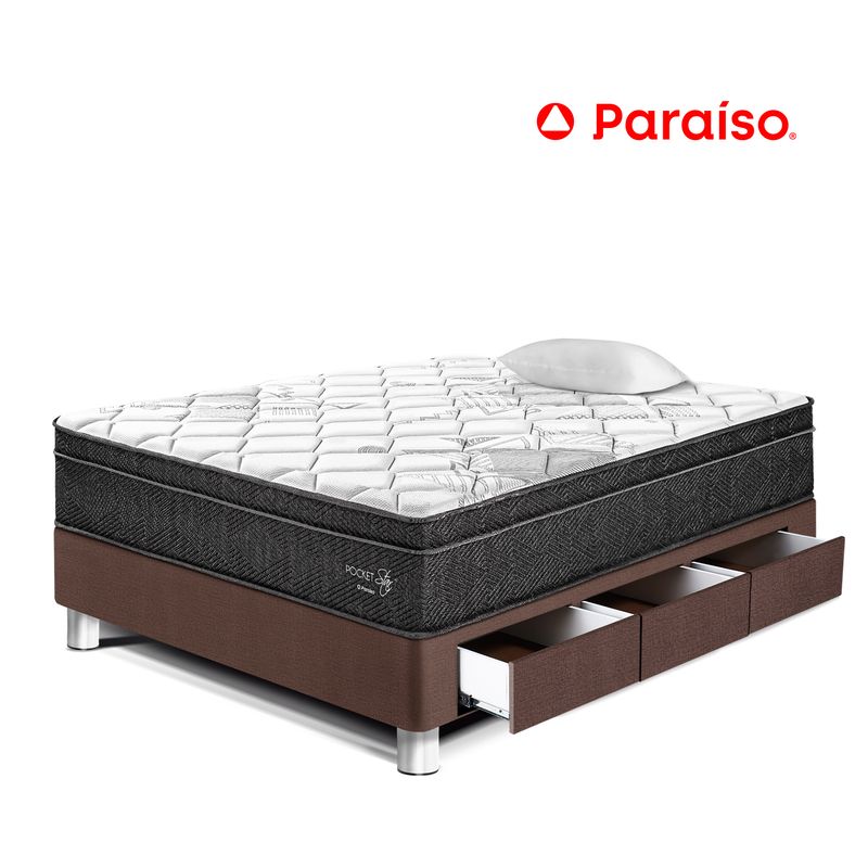 PARAISO - Cama con Cajones Pocket Star 1.5 Plazas + Almohada + Protector