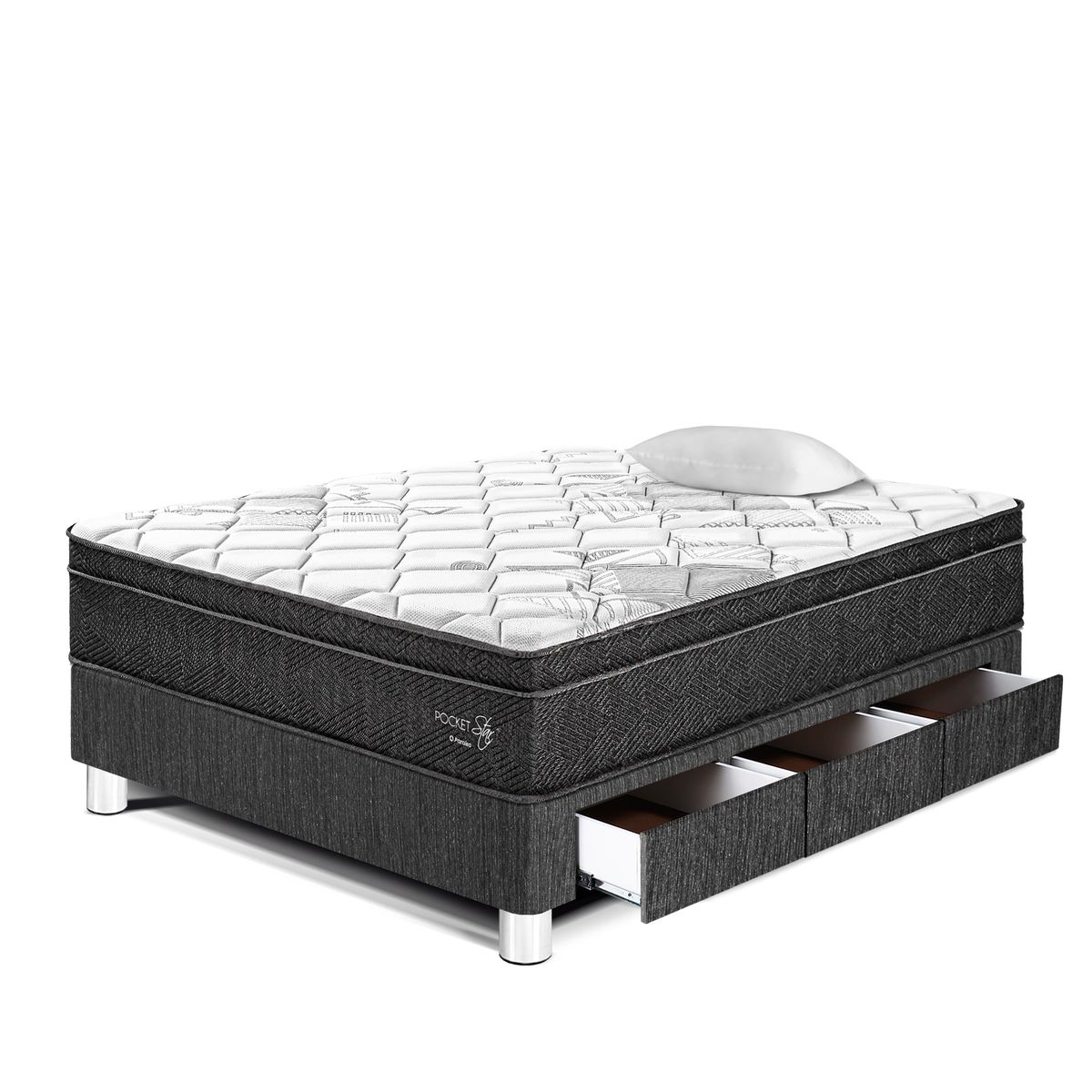 PARAISO - Cama con Cajones Pocket Star 1.5 Plazas + Almohada + Protector