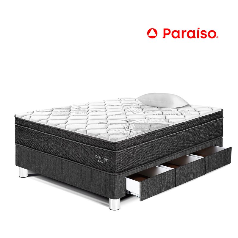 PARAISO - Cama con Cajones Pocket Star 1.5 Plazas + Almohada + Protector