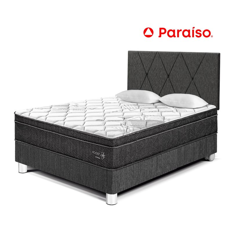 PARAISO - Dormitorio Paraíso Pocket Star 2 Plazas Charcoal + Colchón + 2 Almohadas + Protector
