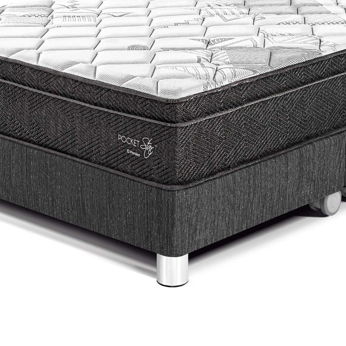 PARAISO - Dormitorio Paraíso Pocket Star Queen Charcoal + Colchón + 2 Almohadas + Protector