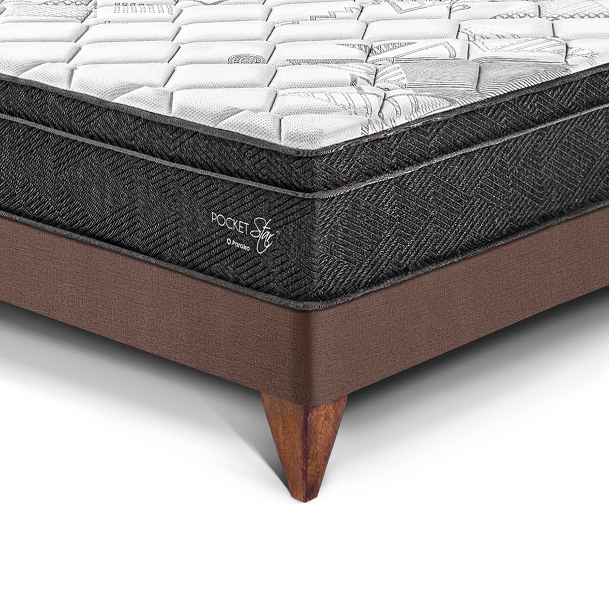 PARAISO - Dormitorio Europeo Paraíso Pocket Star Queen Chocolate + Colchón + 2 Almohadas + Protector