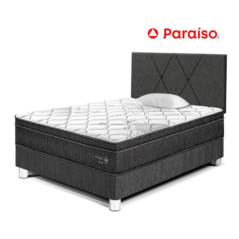 PARAISO - Dormitorio Paraíso Pocket Star 1.5 Plazas Charcoal + Colchón + Almohada + Protector