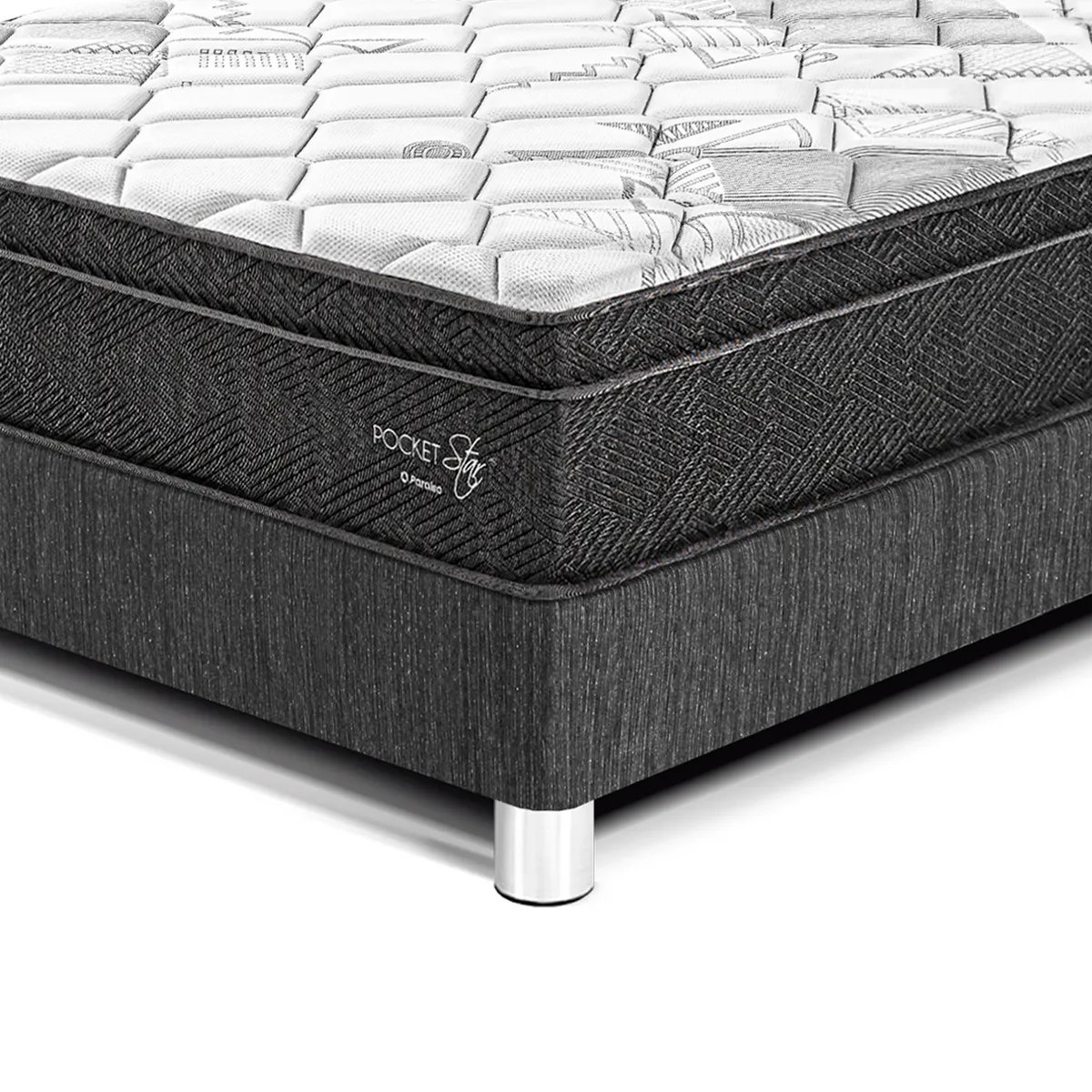 PARAISO - Dormitorio Paraíso Pocket Star 1.5 Plazas Charcoal + Colchón + Almohada + Protector