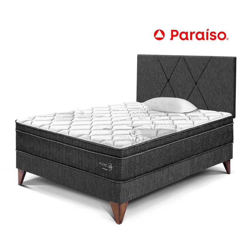 PARAISO - Dormitorio Europeo Paraíso Pocket Star 1.5 Charcoal + Colchón + Almohada + Protector