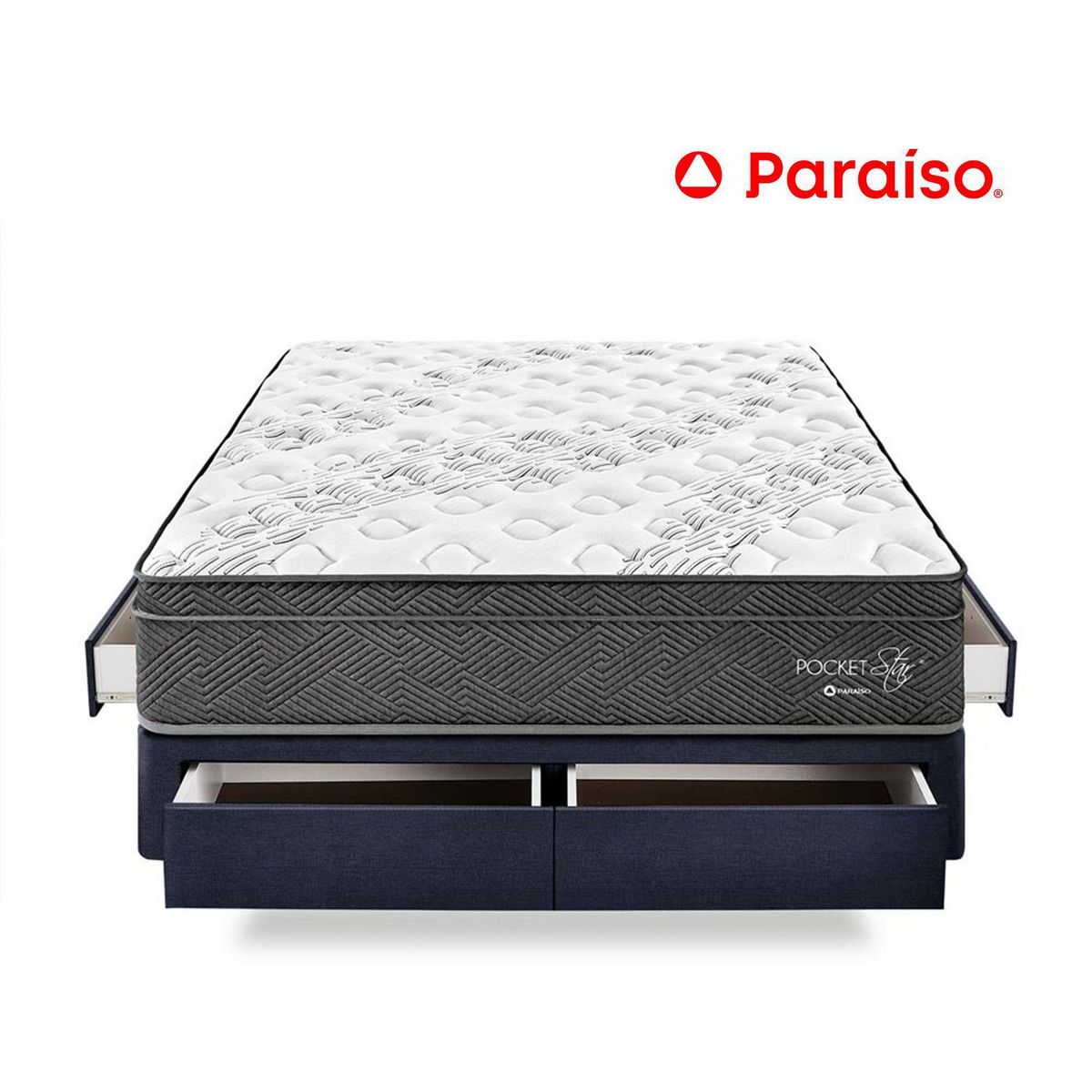 PARAISO - Cama con Cajones Paraíso Pocket Star King Azul + Colchón + 2 Almohadas + Protector