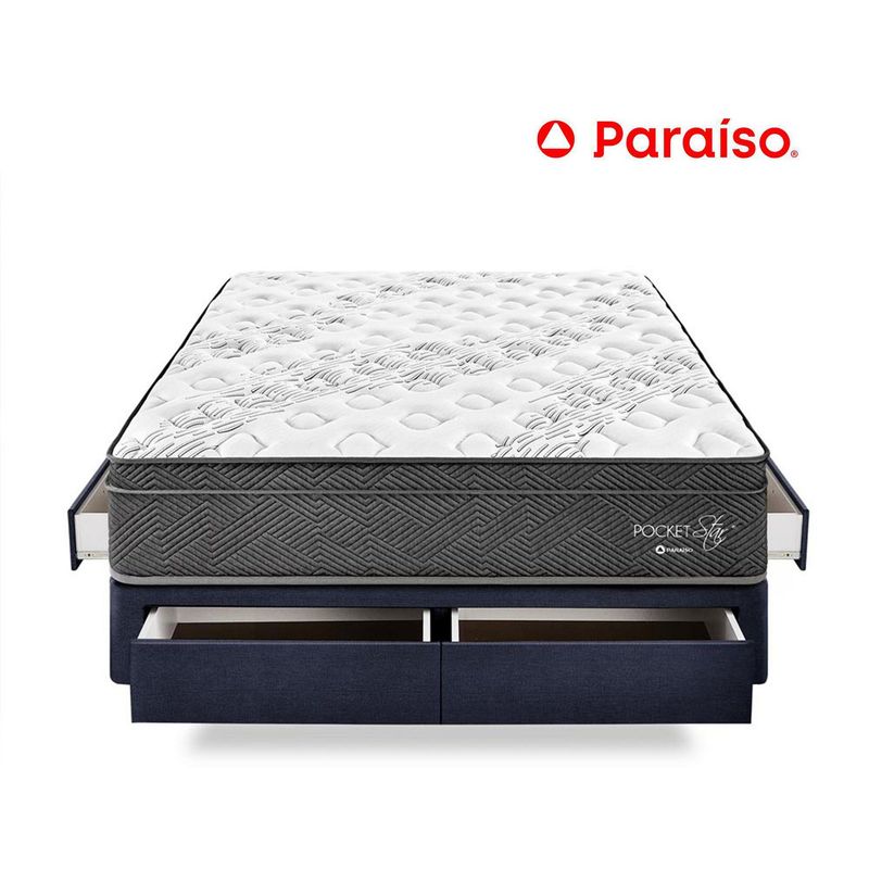 PARAISO - Cama con Cajones Paraíso Pocket Star King Azul + Colchón + 2 Almohadas + Protector