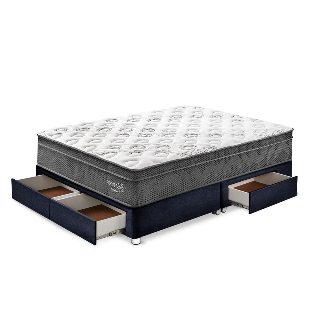 PARAISO - Cama con Cajones Paraíso Pocket Star King Azul + Colchón + 2 Almohadas + Protector