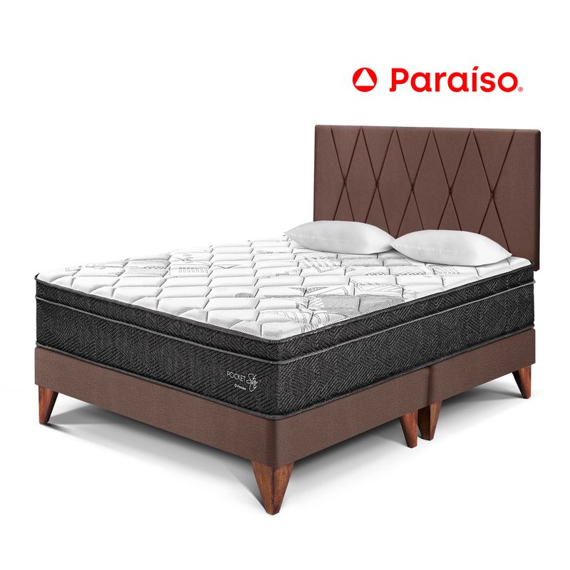 PARAISO - Dormitorio Europeo Paraíso Pocket Star King Chocolate + Colchón + 2 Almohadas + Protector
