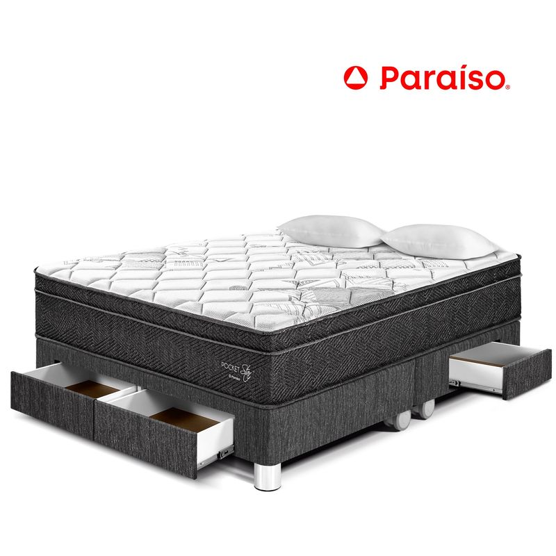 PARAISO - Cama con Cajones Pocket Star Queen + 2 Almohadas + Protector