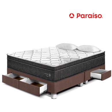 Cama con Cajones Paraso Pocket Star King Chocolate + Colchn + 2 Almohadas + Protector