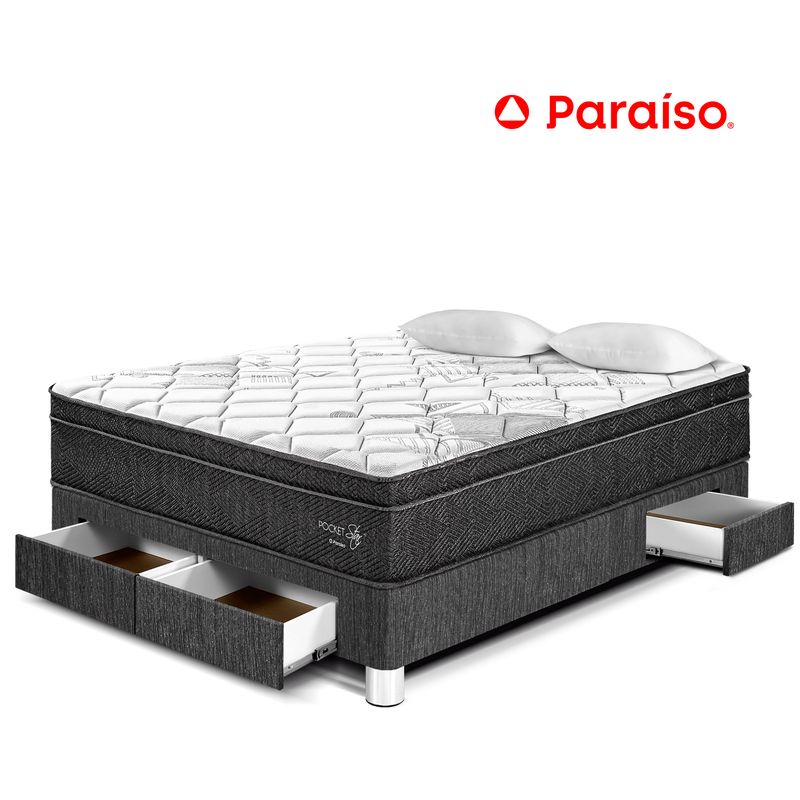 PARAISO - Cama con Cajones Pocket Star 2 Plazas + 2 Almohadas + Protector