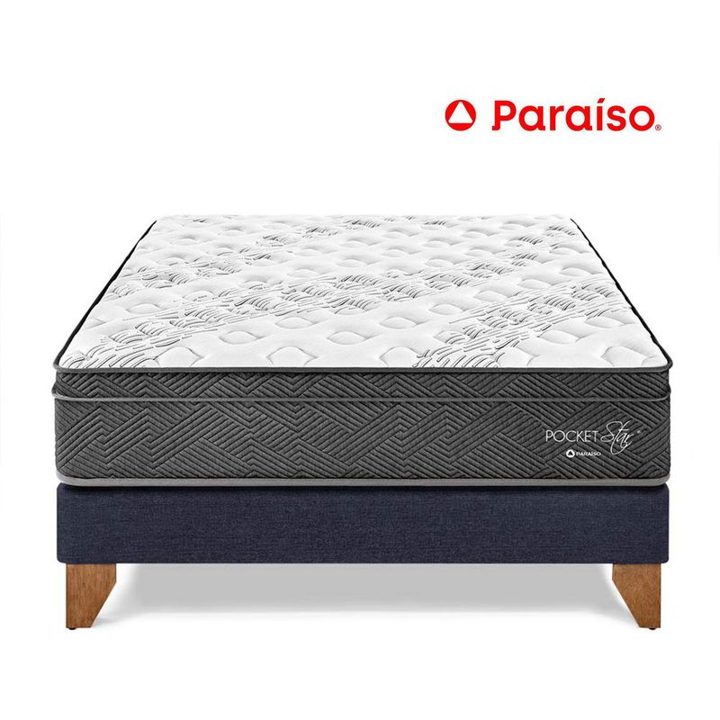 PARAISO - Cama Europea Paraíso Pocket Star King Azul + Colchón + 2 Almohadas + Protector