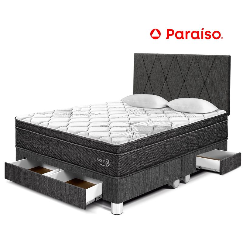 PARAISO - Dormitorio con Cajones Paraíso Pocket Star Queen Charcoal + Colchón + 2 Almohadas + Protector