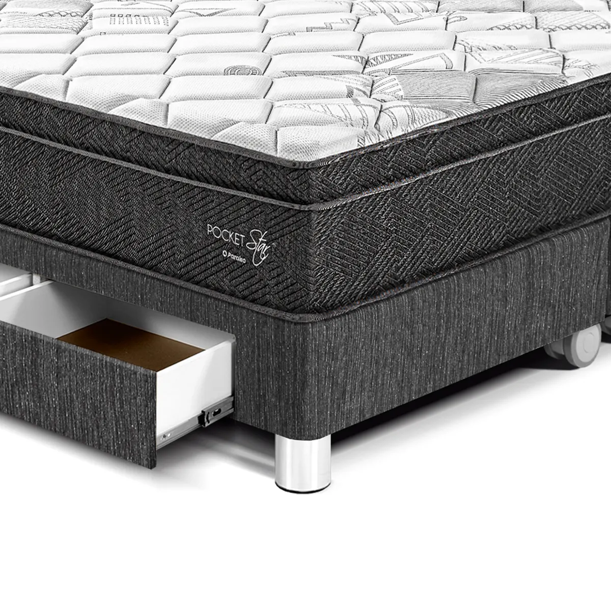 PARAISO - Dormitorio con Cajones Paraíso Pocket Star Queen Charcoal + Colchón + 2 Almohadas + Protector