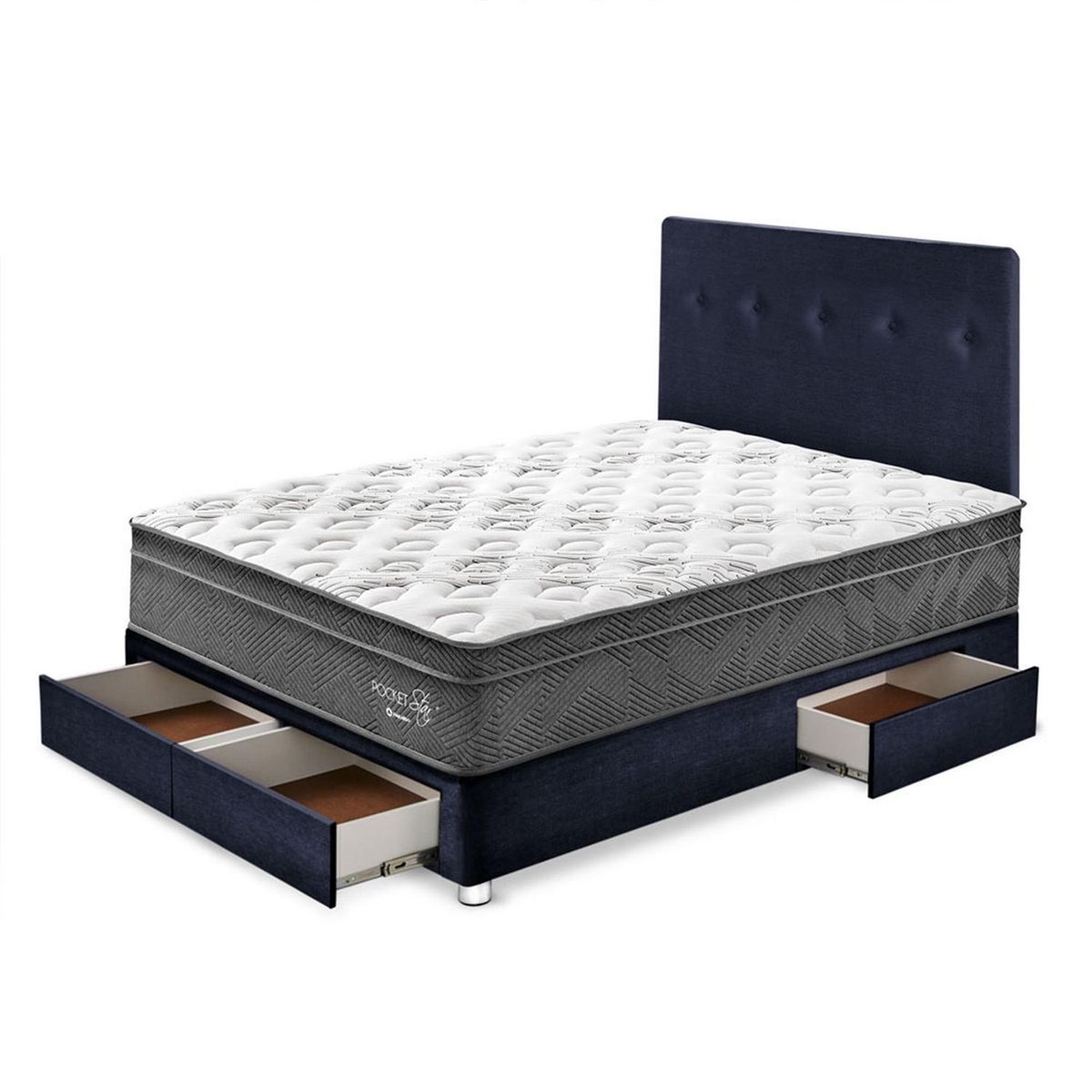 PARAISO - Dormitorio con Cajones Paraíso Pocket Star 2 Plazas Azul + Colchón + 2 Almohadas + Protector