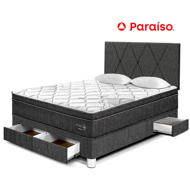 PARAISO - Dormitorio con Cajones Paraíso Pocket Star 2 Plazas Charcoal + 2 Almohadas + Protector