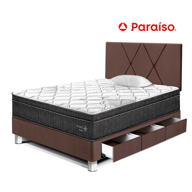 PARAISO - Dormitorio con Cajones Paraíso Pocket Star 1.5 Plazas Chocolate + Colchón + Almohada + Protector