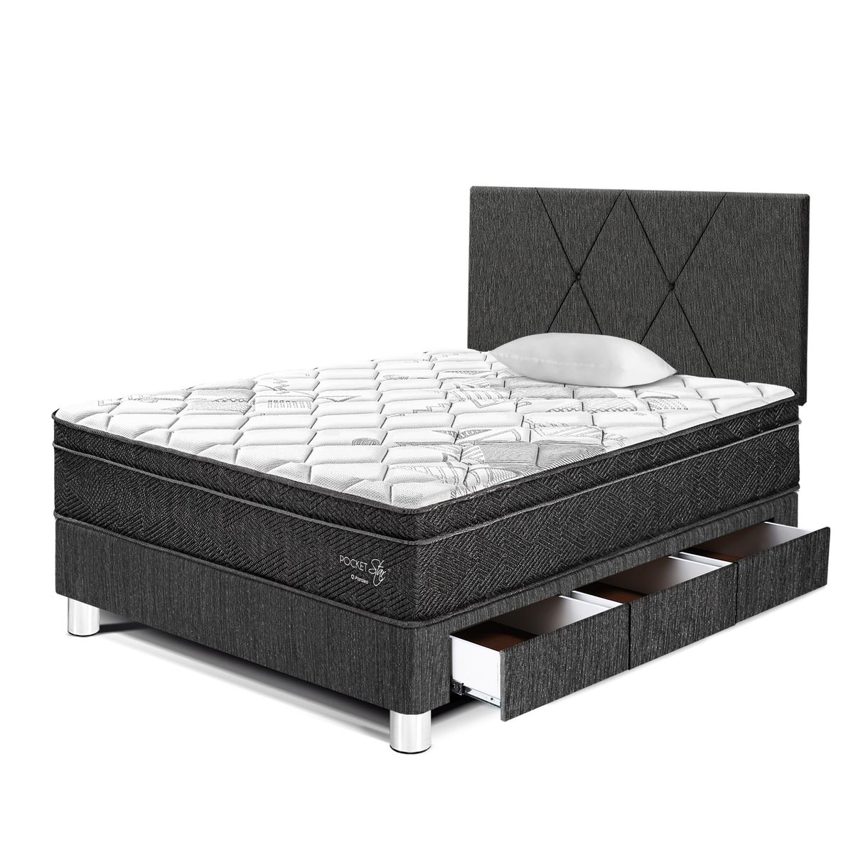 PARAISO - Dormitorio con Cajones Paraíso Pocket Star 1.5 Plazas Charcoal + Colchón + Almohada + Protector
