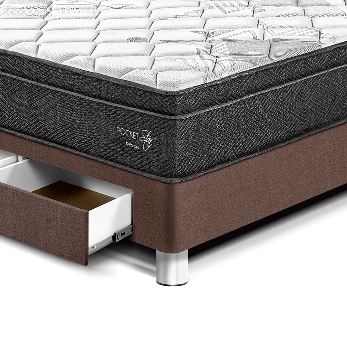PARAISO - Dormitorio con Cajones Paraíso Pocket Star 2 Plazas Chocolate + Colchón + 2 Almohadas + Protector