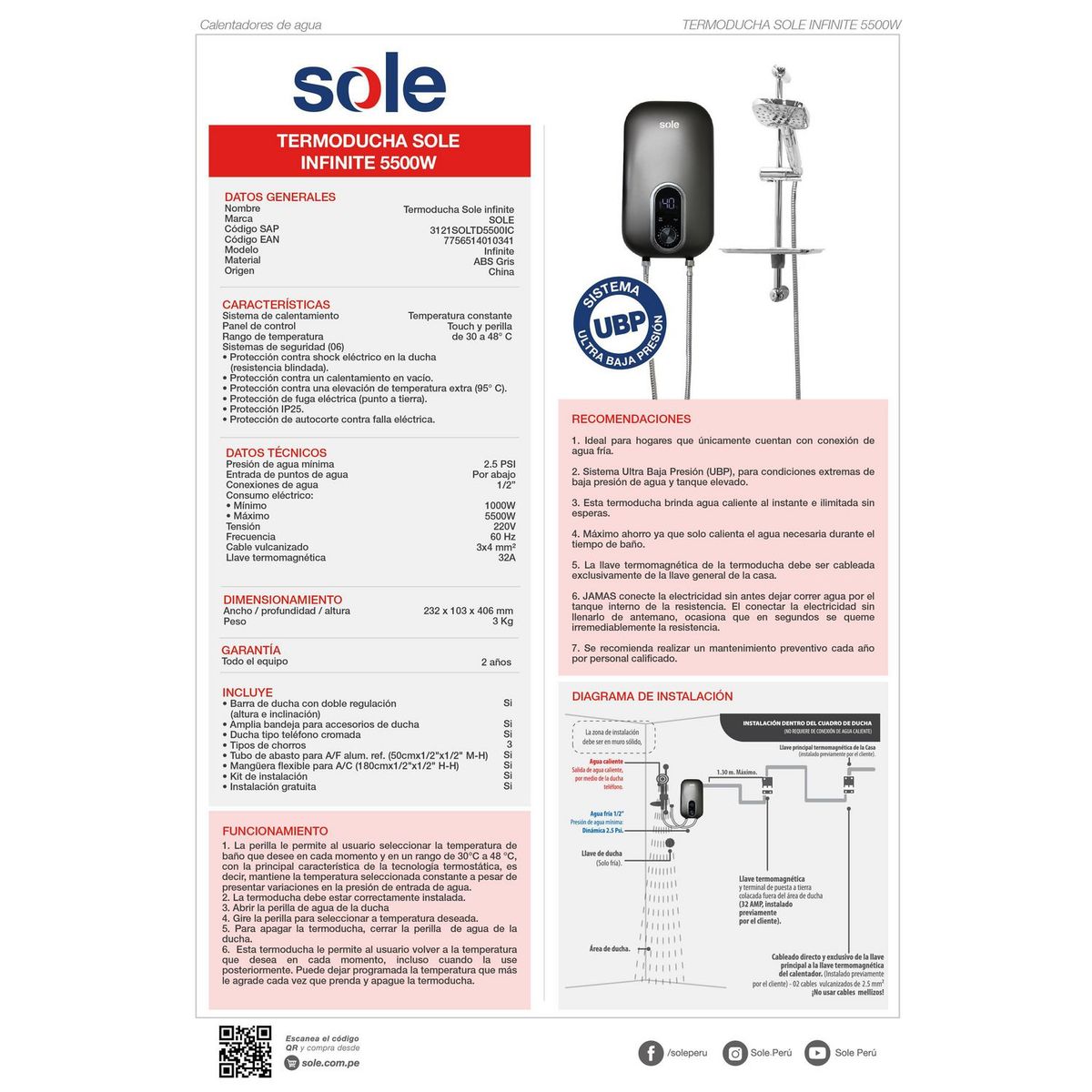 SOLE - Rapiducha Eléctrica Sole Infinite 5.5kW