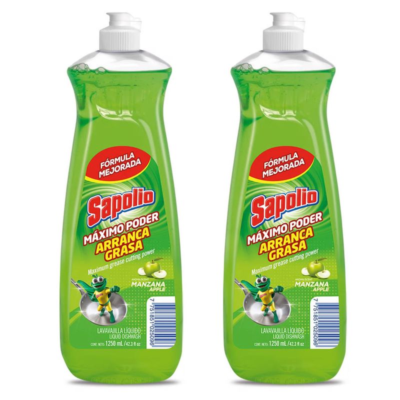 SAPOLIO - Lavavajilla Líquido Manzana 1250Ml Sapolio Pack x2